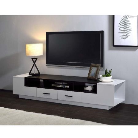 Meuble TV blanc de 180 cm de longueur avec 2 tiroirs latéraux de rangement - Meuble TV blanc de 180 cm de longueur avec 2 tiroirs latéraux de rangement
